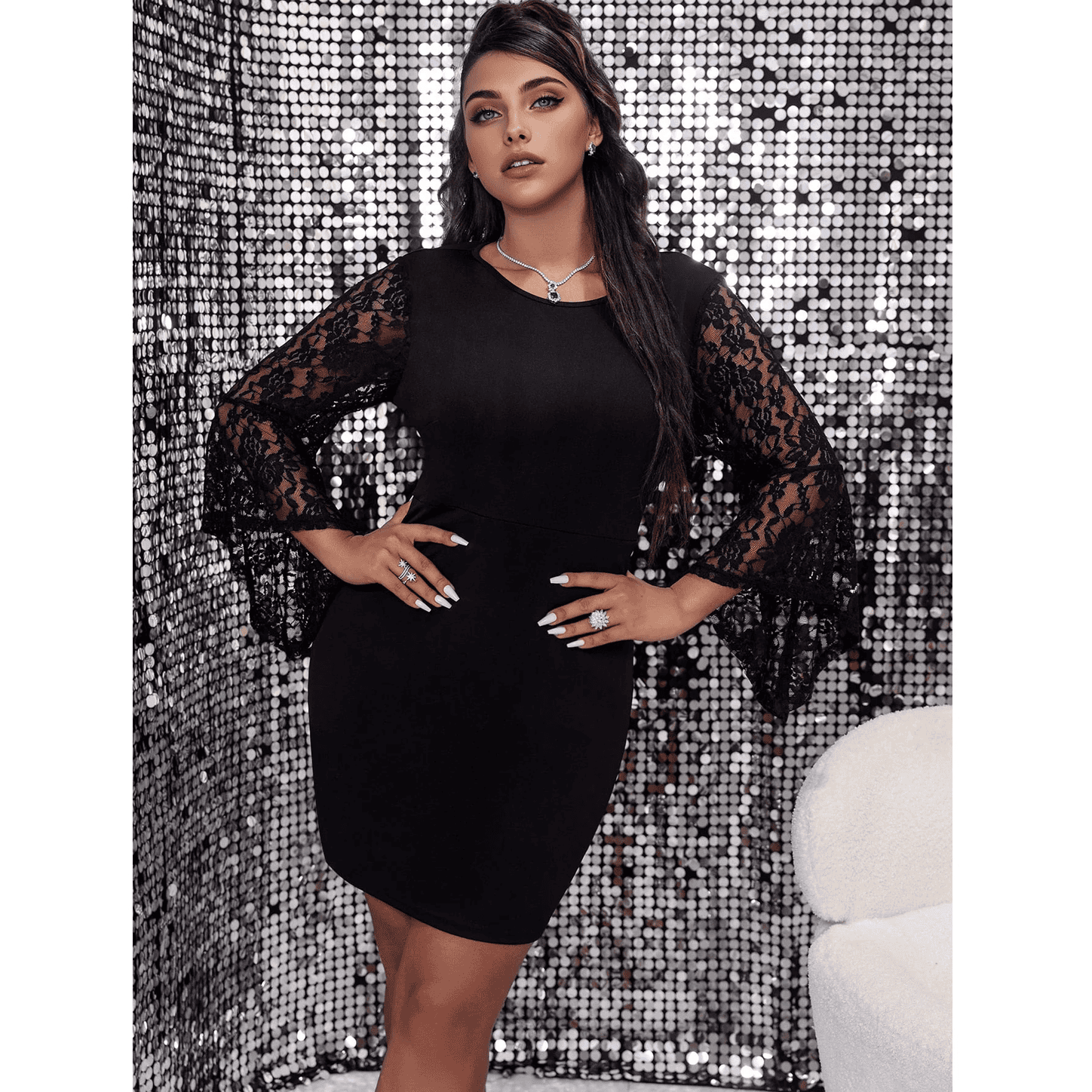 Black lace sleeve mini party dress - View 15 | Clistos