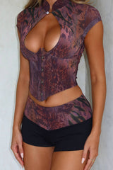 Clistos Animal Print Cutout Crop Top and Colorblock Shorts Set - View 9 | Clistos