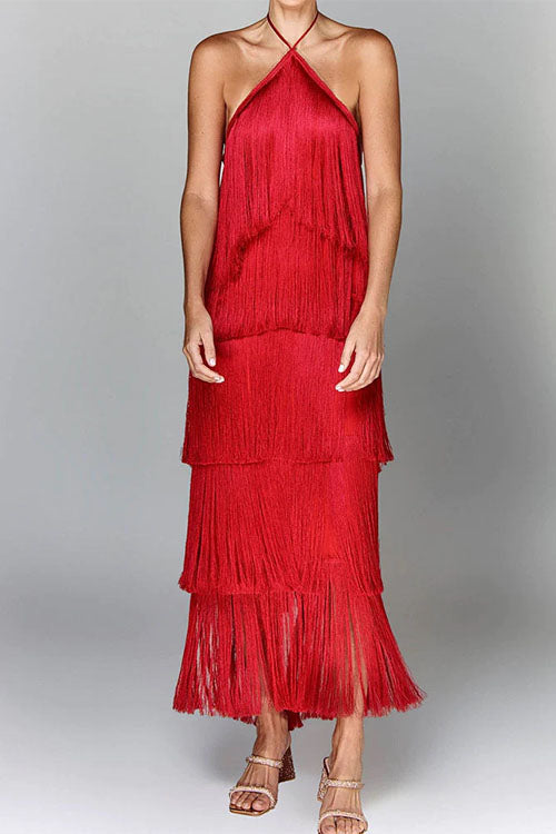 Clistos halter tiered fringe maxi party dress - View 6 | Clistos