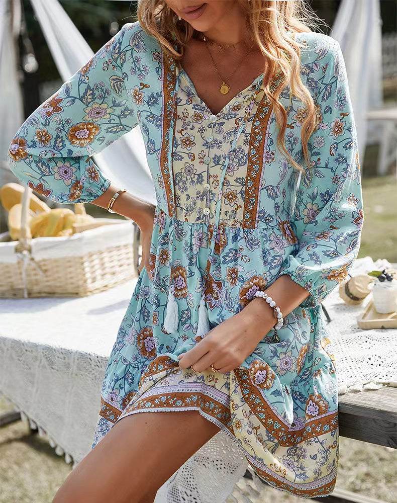 Bohemian V-neck floral print short dress - View 7 | Clistos