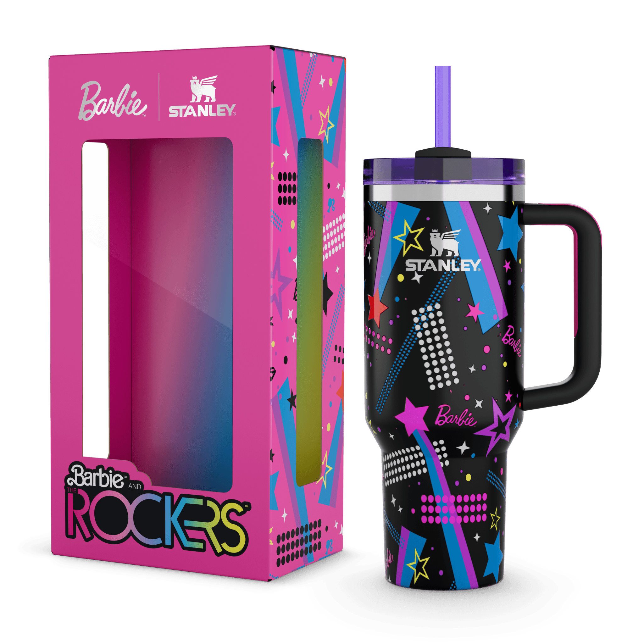 Stanley Barbie and the Rockers tumbler and its pink packaging box, showcasing the retro 80s inspired design.