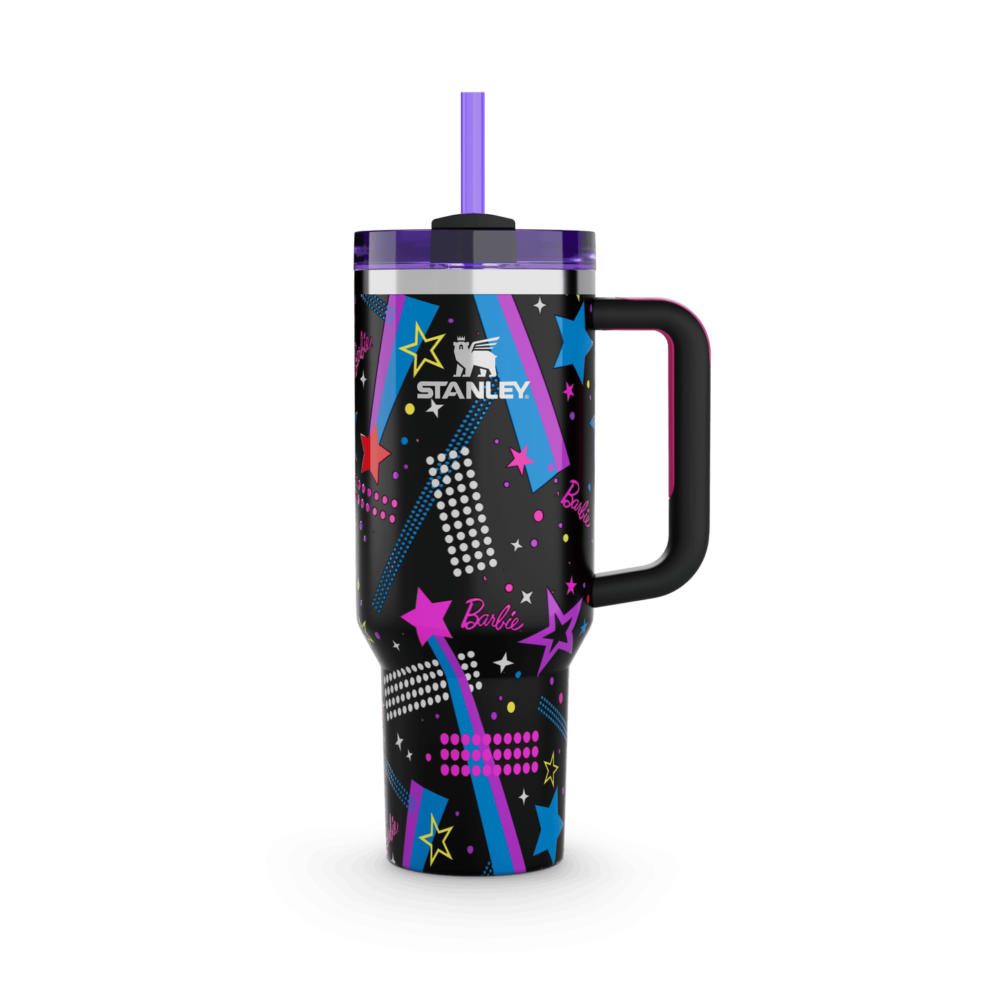 Stanley Barbie and the Rockers tumbler with straw and handle, featuring a black background with colorful star and geometric graphic print.