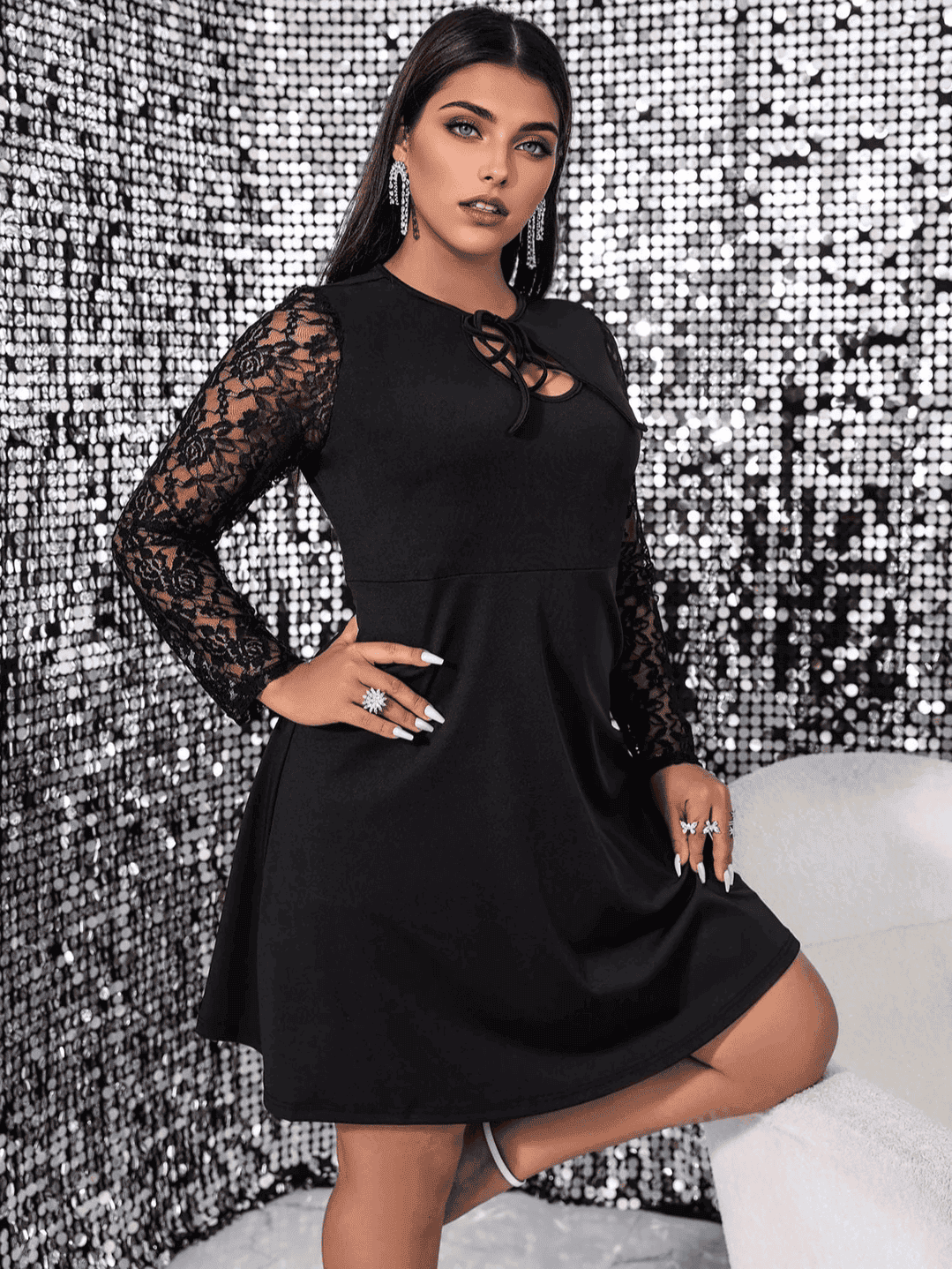 Lace Sleeve Keyhole Midi Dress - View 7 | Clistos
