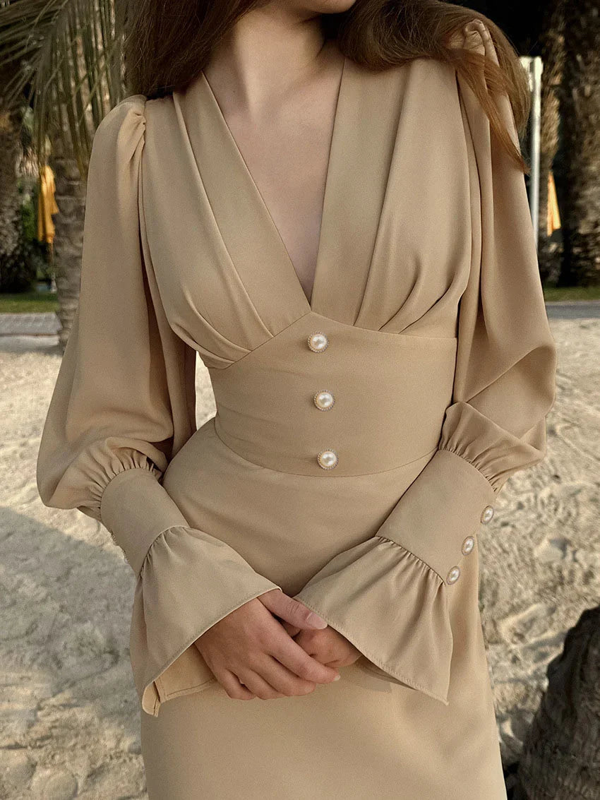 V-neck ruched crepe fit and flare dress - View 6 | Clistos
