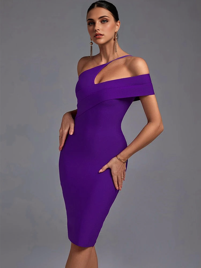 Close-up of a woman in a purple one-shoulder dress