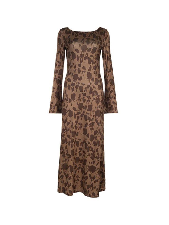 Front view of a long-sleeved brown floral print maxi dress.