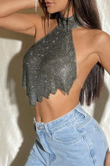 Sparkling Rhinestone High Collar Sleeveless Irregular Crop Top - Silver - View 9 | Clistos