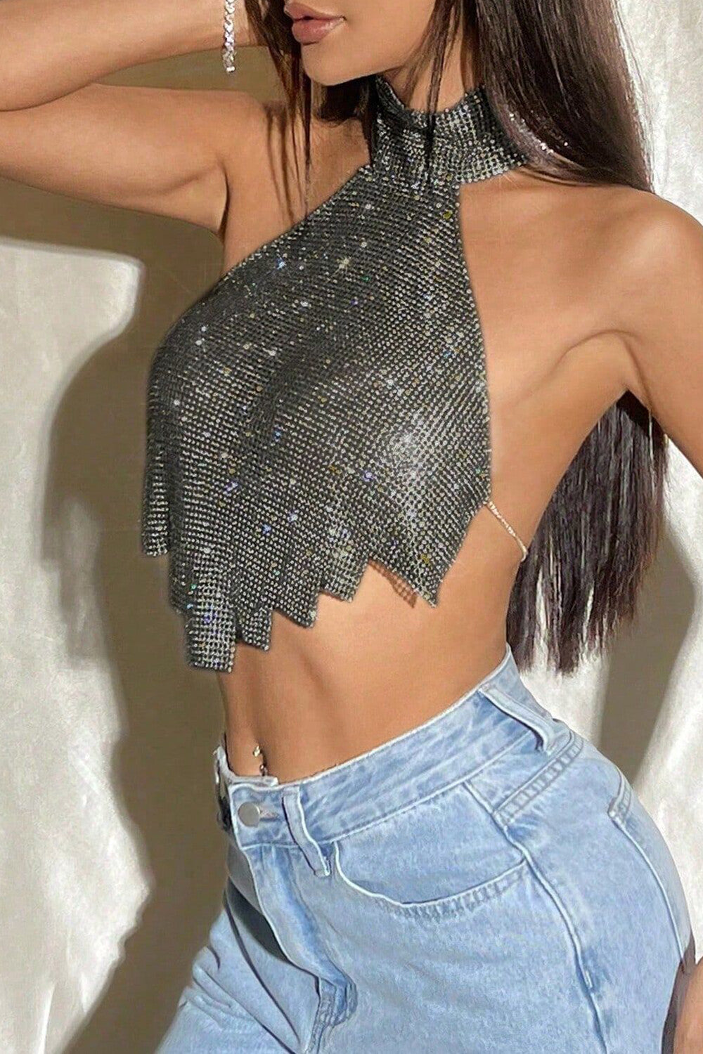 Sparkling Rhinestone High Collar Sleeveless Irregular Crop Top - Silver - View 9 | Clistos