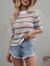 Crochet Knit Squareneck Crop Top with Patchwork Stripes - View 11 | Clistos