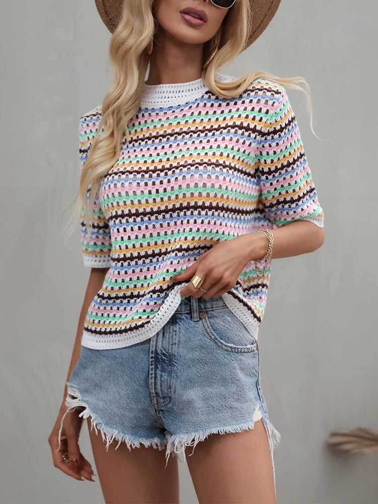 Crochet Knit Squareneck Crop Top with Patchwork Stripes - View 11 | Clistos
