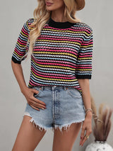 Crochet Knit Squareneck Crop Top with Patchwork Stripes - View 7 | Clistos