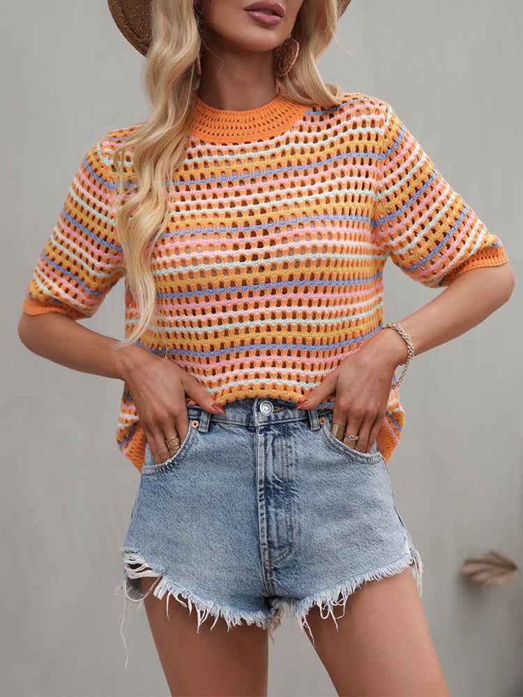 Crochet Knit Squareneck Crop Top with Patchwork Stripes - View 9 | Clistos