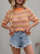 Crochet Knit Squareneck Crop Top with Patchwork Stripes - View 9 | Clistos