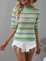 Crochet Knit Squareneck Crop Top with Patchwork Stripes - View 13 | Clistos