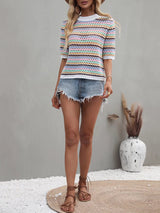 Crochet Knit Squareneck Crop Top with Patchwork Stripes - View 12 | Clistos