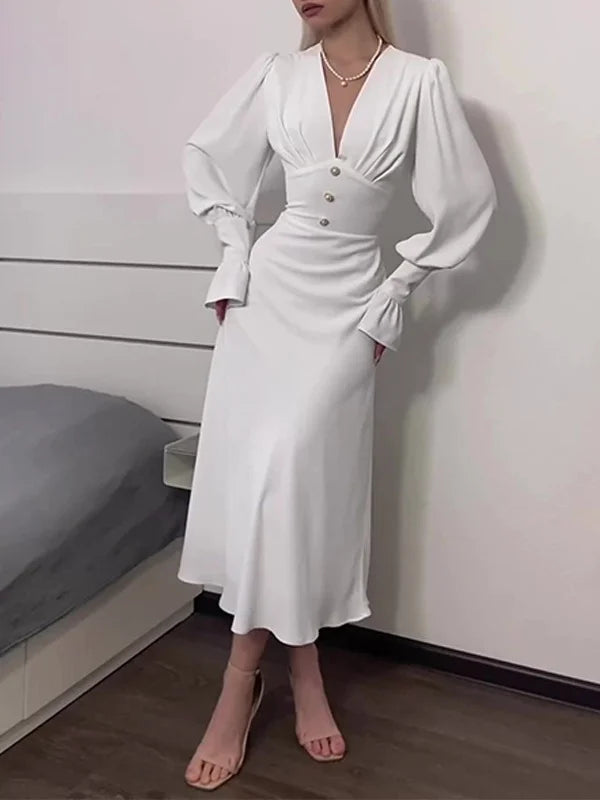 V-neck ruched crepe fit and flare dress - View 7 | Clistos