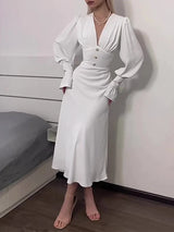V-neck ruched crepe fit and flare dress - View 7 | Clistos