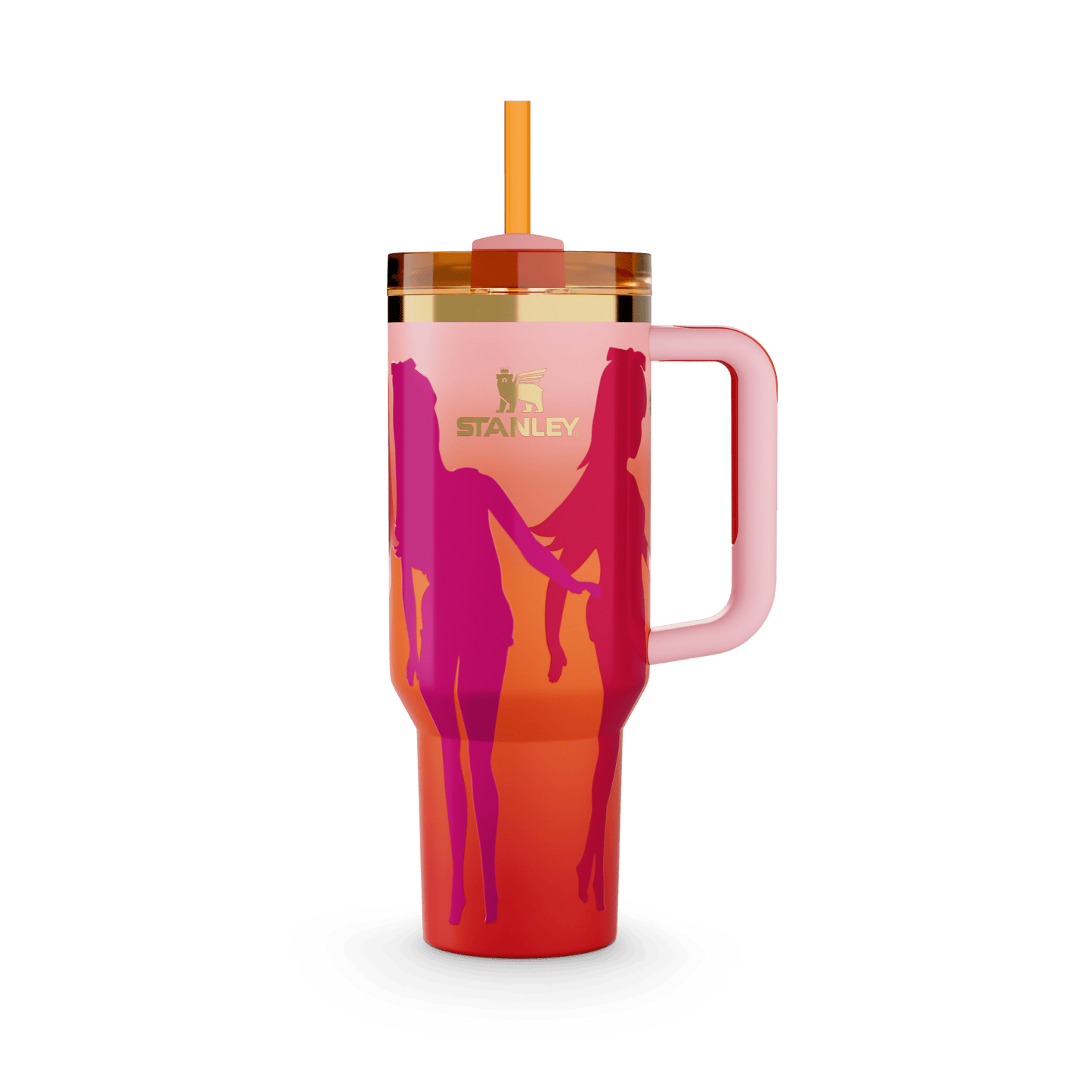 Stanley Barbie Collection 40 oz Quencher Tumbler with straw and handle, featuring a gradient design with silhouetted figures.