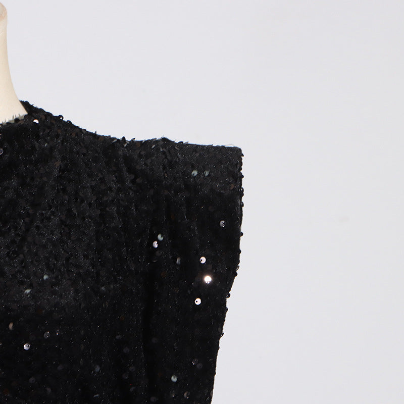Sequin bodycon mini dress with high neckline and cap sleeves - View 8 | Clistos