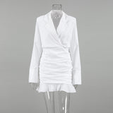 White ruched v-neck bodycon mini dress with blazer collar and ruffle hem - View 7 | Clistos