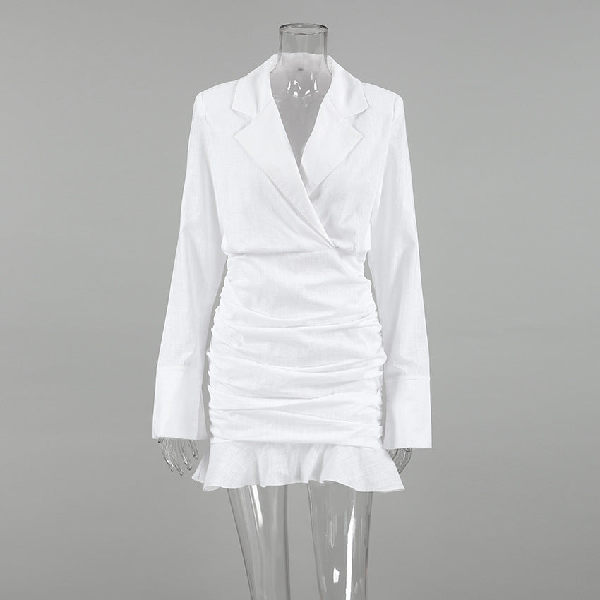 White ruched v-neck bodycon mini dress with blazer collar and ruffle hem - View 7 | Clistos