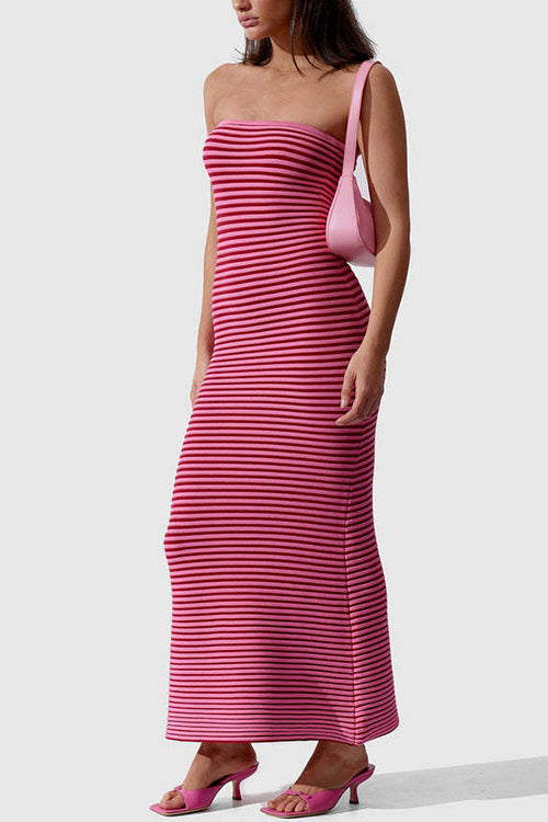 Strapless Striped Knit Maxi Bodycon Dress - View 6 | Clistos