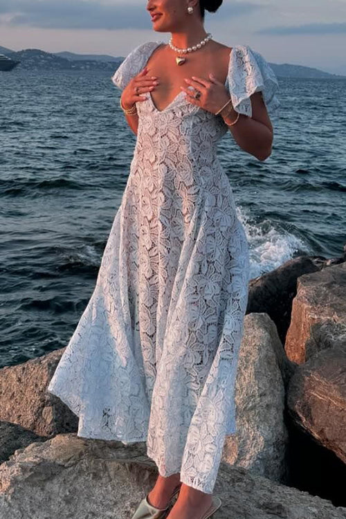 Floral lace midi dress with flare sleeves - View 7 | Clistos