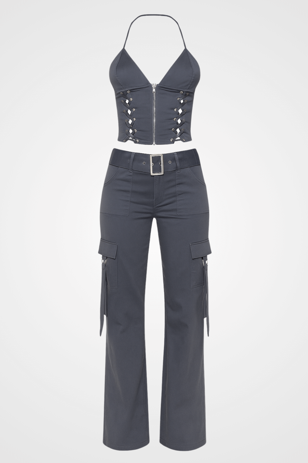 charcoal gray halter lace-up corset top and matching cargo pants