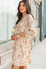 Yellow Boho Floral V Neck Ruffled Empire Waist Long Sleeve Mini Dress