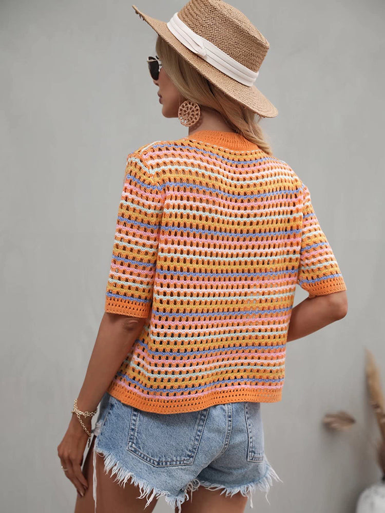 Crochet Knit Squareneck Crop Top with Patchwork Stripes - View 10 | Clistos