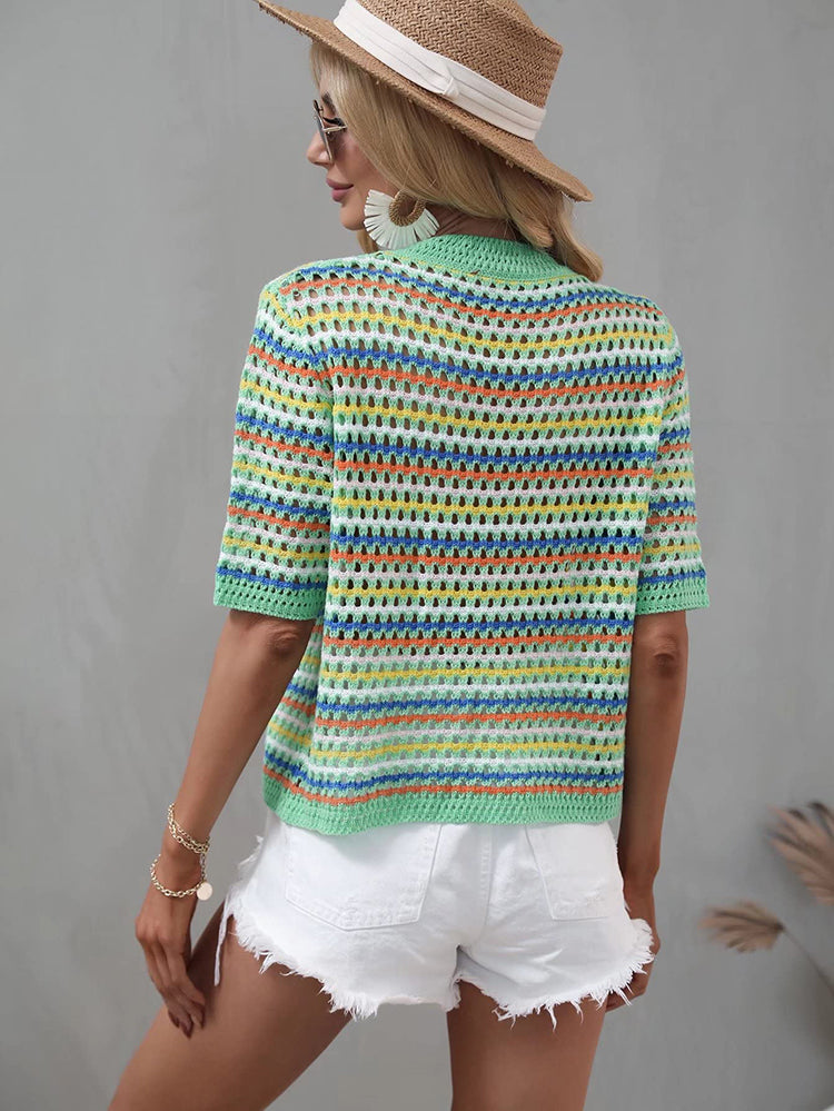 Crochet Knit Squareneck Crop Top with Patchwork Stripes - View 15 | Clistos