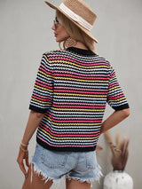 Crochet Knit Squareneck Crop Top with Patchwork Stripes - View 8 | Clistos