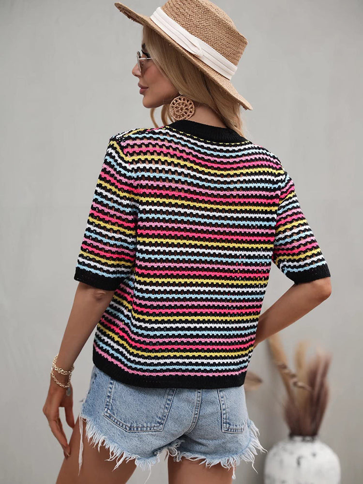 Crochet Knit Squareneck Crop Top with Patchwork Stripes - View 8 | Clistos