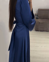 Clistos Mock Neck Bell Sleeve Satin Dress - View 7 | Clistos