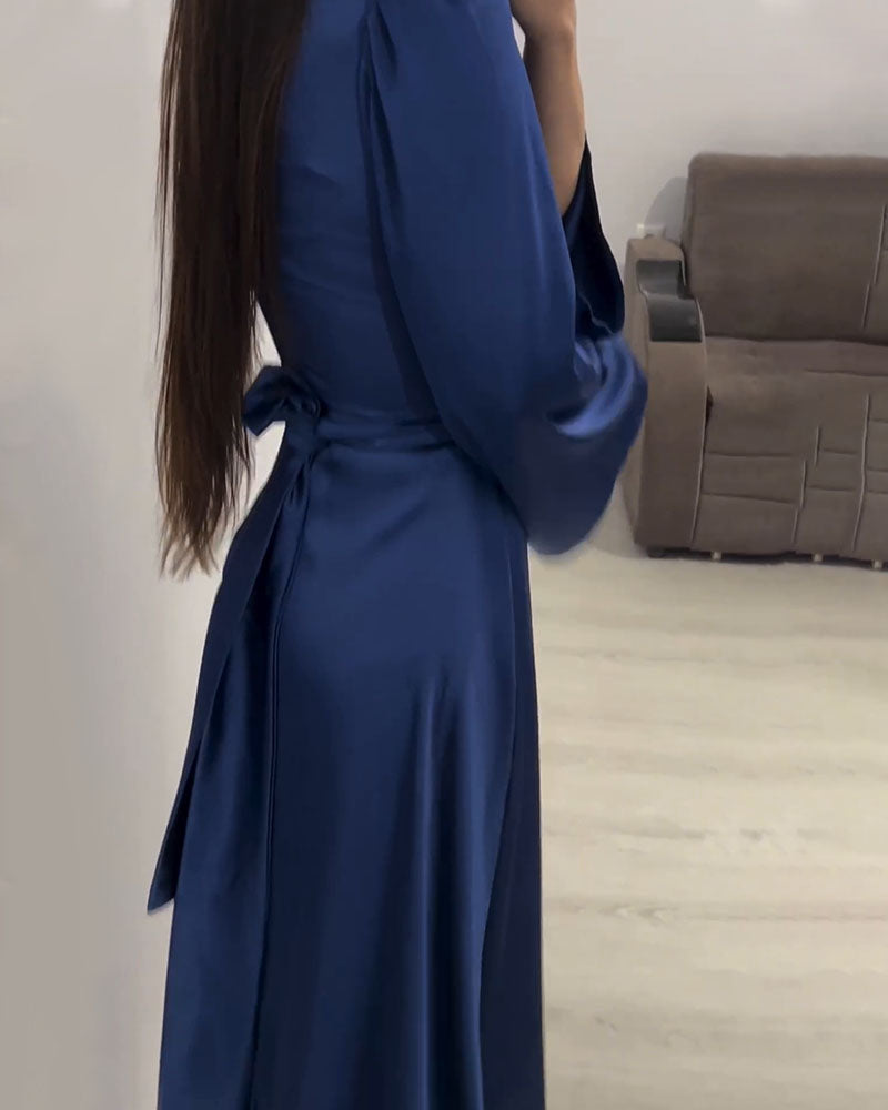Clistos Mock Neck Bell Sleeve Satin Dress - View 7 | Clistos