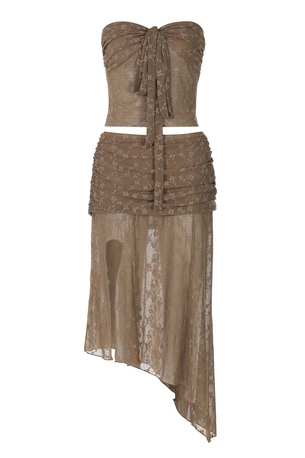 Strapless lace tie up crop top and ruched high slit midi skirt set - View 7 | Clistos