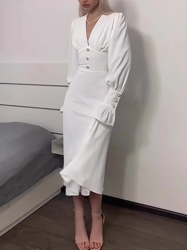 V-neck ruched crepe fit and flare dress - View 8 | Clistos