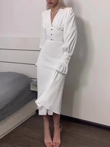V-neck ruched crepe fit and flare dress - View 8 | Clistos