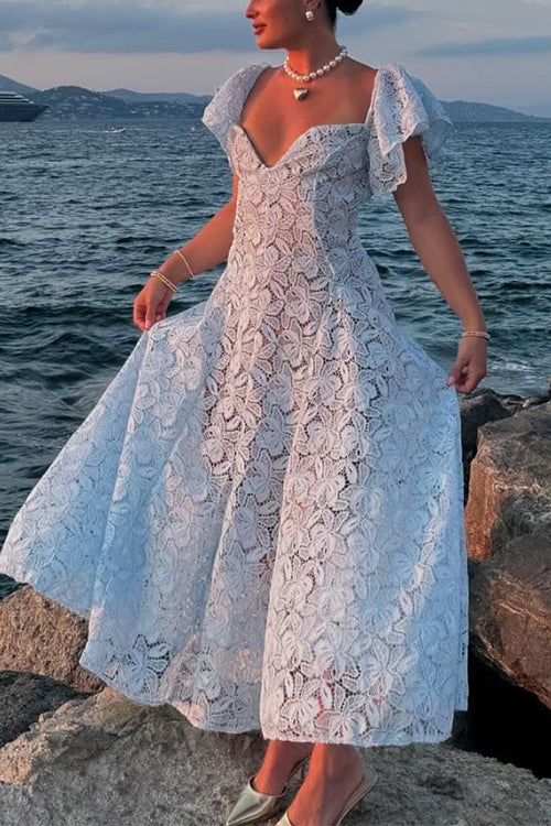 Floral lace midi dress with flare sleeves - View 8 | Clistos