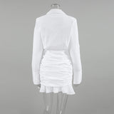 White ruched v-neck bodycon mini dress with blazer collar and ruffle hem - View 8 | Clistos