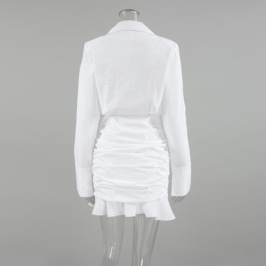 White ruched v-neck bodycon mini dress with blazer collar and ruffle hem - View 8 | Clistos
