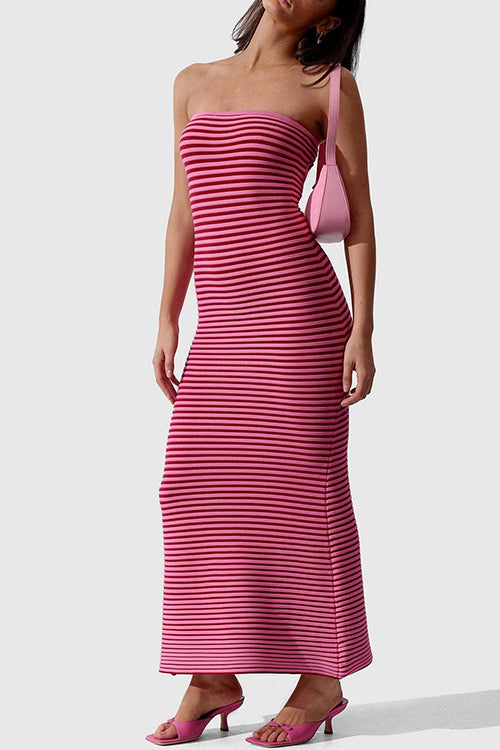 Strapless Striped Knit Maxi Bodycon Dress - View 7 | Clistos
