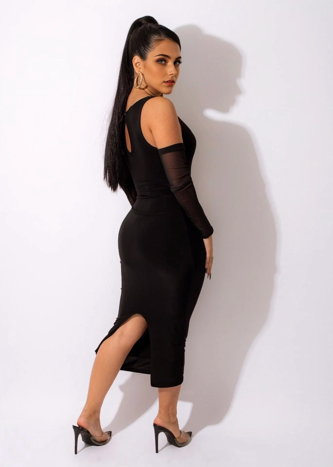 Off Shoulder Mesh Long Sleeve Bodycon Midi Dress - View 6 | Clistos