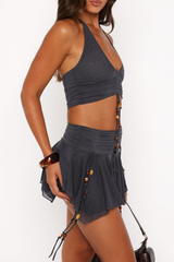 Halter cutout crop top with beaded fringe mini skirt set - View 6 | Clistos