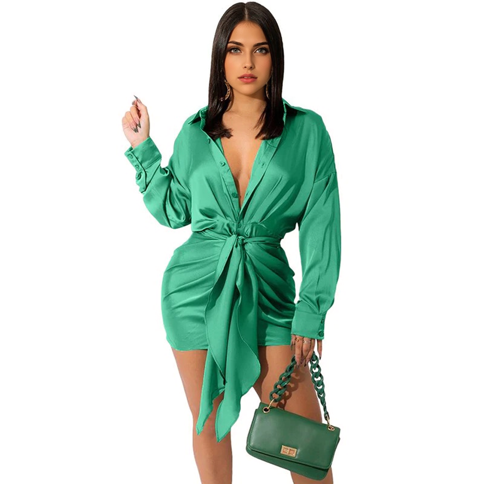Clistos Satin Tie Waist Shirt Dress - View 8 | Clistos