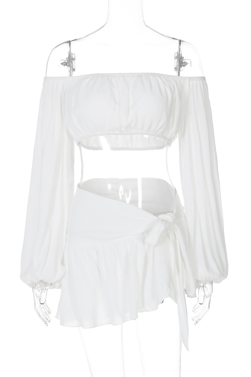 Off shoulder crop top and ruffle mini skirt set - View 8 | Clistos