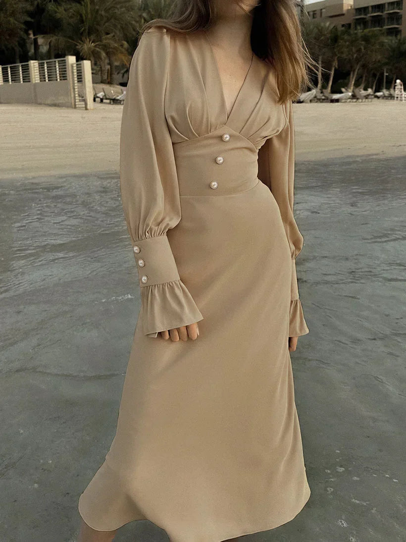 V-neck ruched crepe fit and flare dress - View 9 | Clistos