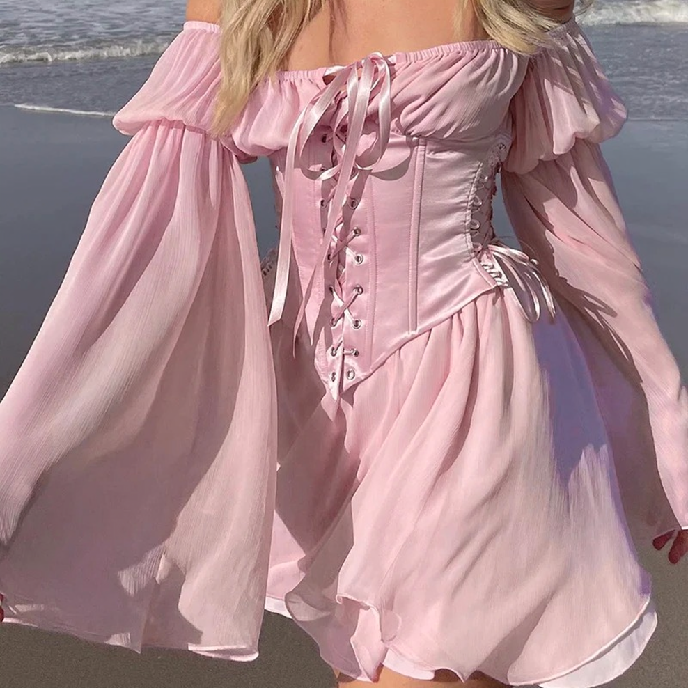 Clistos Off Shoulder Mesh Dress with Corset Bodice and Bell Sleeves - View 6 | Clistos