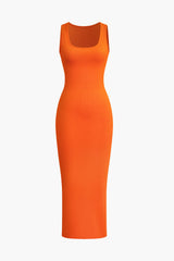 A bright orange sleeveless ribbed bodycon maxi dress with a scoop neck, shown from the front.