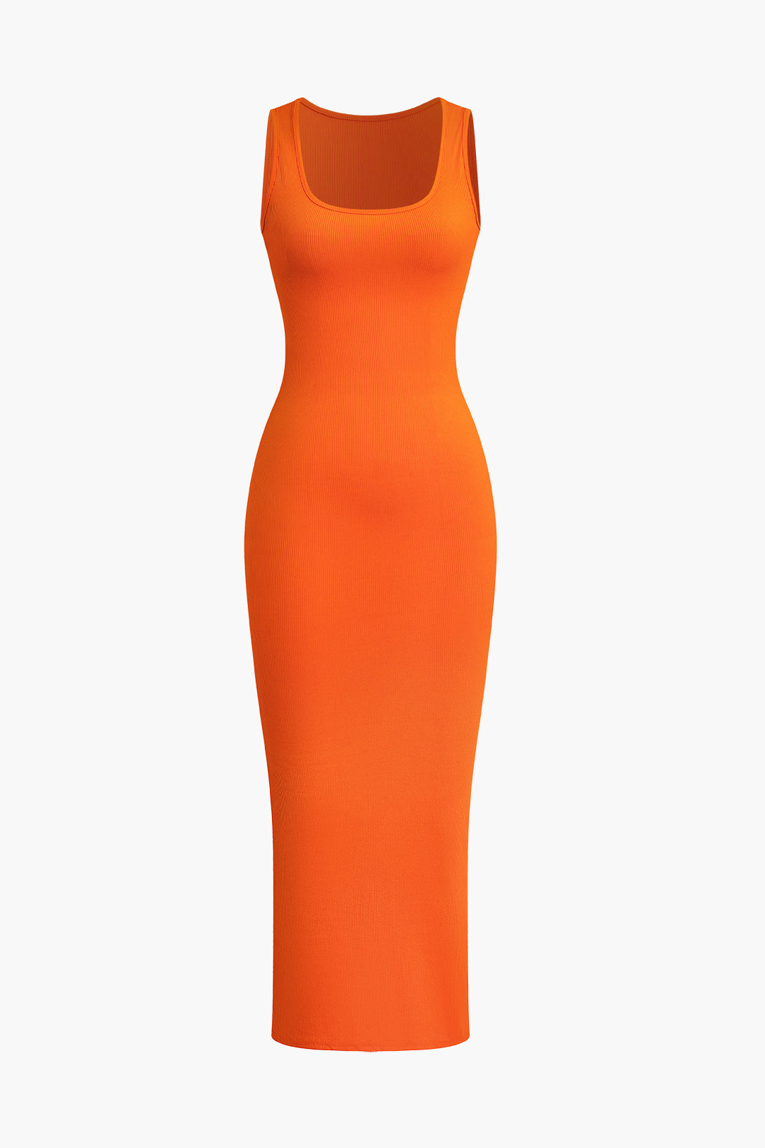 A bright orange sleeveless ribbed bodycon maxi dress with a scoop neck, shown from the front.